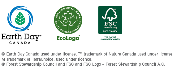 Logos for Earth Day Canada, EcoLogo, and FSC